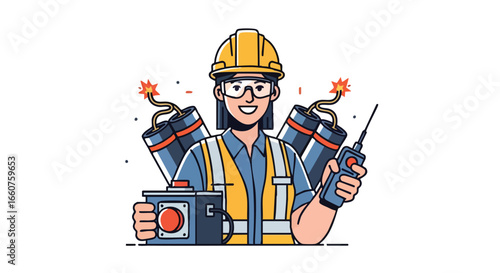 Cartoon demolition expert with explosives and detonator for construction or mining illustration