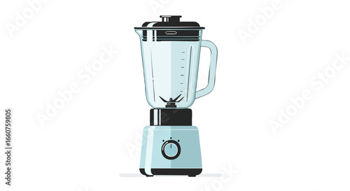 Minimalist illustration of a modern electric blender in soft blue and black colors, kitchen appliance design concept for smoothies and shakes
