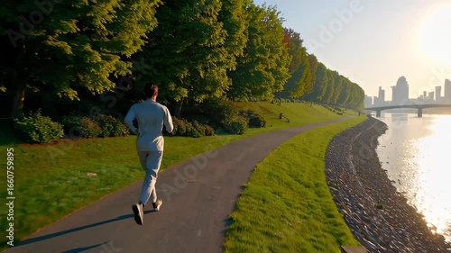 A man jogs along a riverside path surrounded by lush green trees in the early morning sunlight. The city skyline and calm water create a peaceful background, capturing a healthy, active lifestyle in a