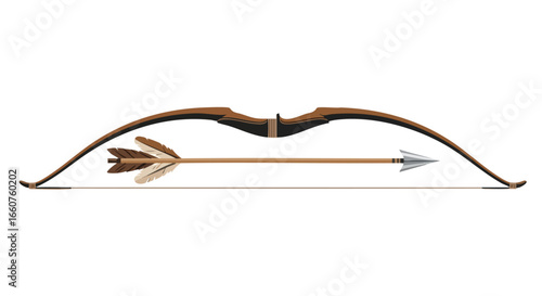 A traditional bow and arrow illustration featuring feathered fletching and metallic arrowhead on a white setting