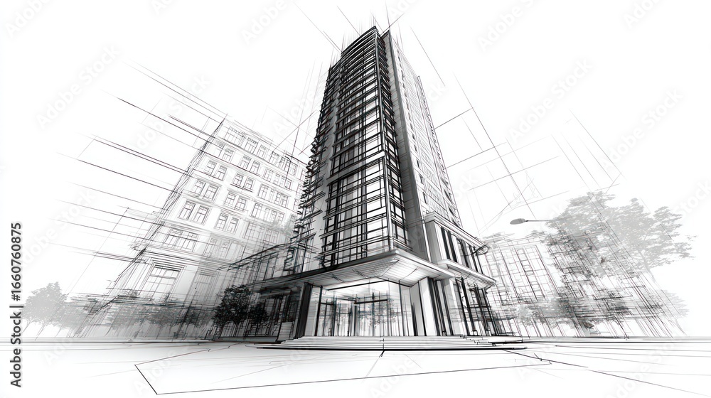 Fototapeta premium Architectural sketch tall building with perspective view