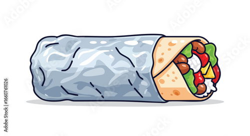 Whimsical burrito illustration: A colorful culinary delight wrapped in foil and tortilla, perfect for food themed designs