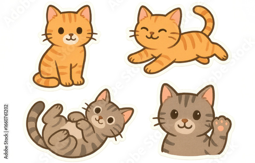 Cute cat illustration featuring four adorable cats in various poses, showcasing their playful and charming expressions. Perfect for cat lovers and enthusiasts