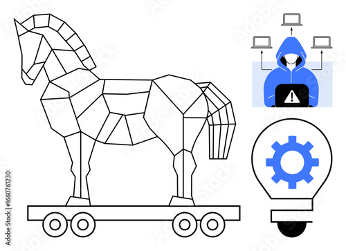 Trojan horse on wheels, hoodie-clad hacker with alert on laptop, lightbulb with gear. Ideal for cybersecurity, hacking risks, malware, data protection, innovation, software vulnerabilities simple