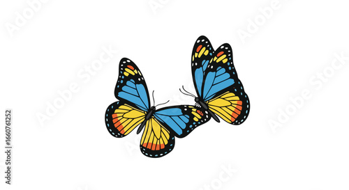 Illustration of two vibrant butterflies with intricate patterns, fluttering on a white background, evoking feelings of summertime freedom and