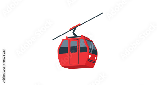 Vivid Vermilion Vista: A Bold Cable Car Ascending through Clear Skies in Minimalist Style