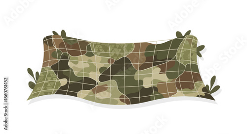 Stylized Camouflage Net Illustration with Leaf Accents Against White Backdrop, Representing Tactical Concealment and Military Design