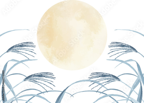 紺色のススキと満月の背景イラスト