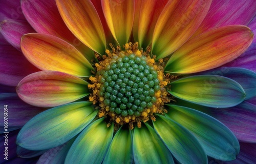 Close - up of a vibrant flower with multicolored petals (pink, orange, yellow, green, blue, purple) and a green central disk with yellow pollen.