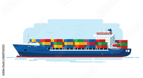 Vibrant Container Ship Illustration for Global Trade and Logistics Depicting Seamless Cargo Transport and International Commerce With Bold Lines and