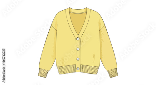 Stylized illustration of a light yellow cardigan with button closure showcased on a white background for garment representation