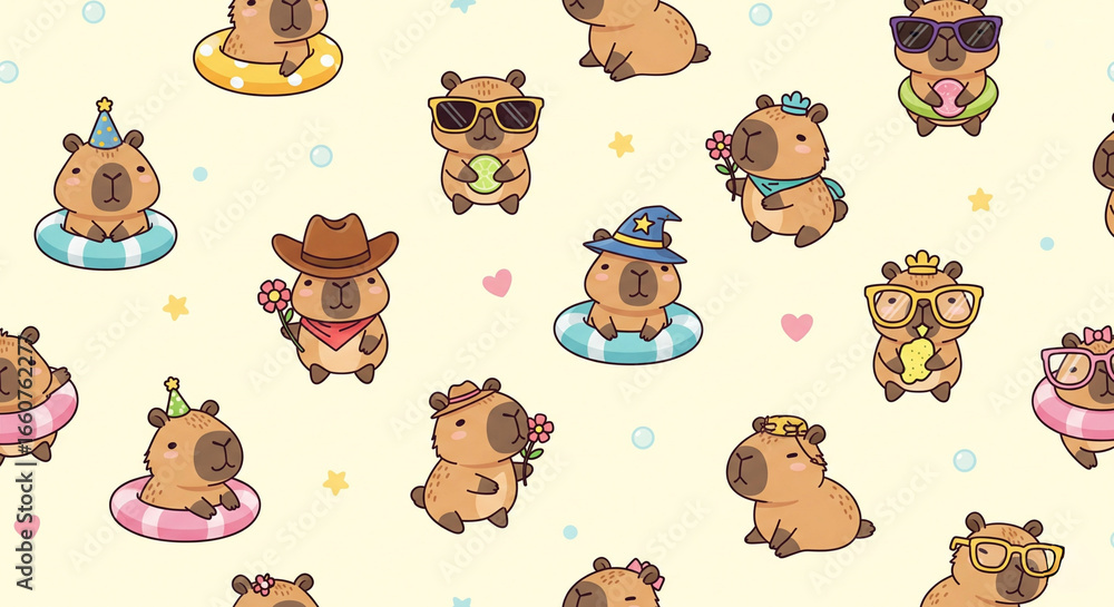 Cute Capybara Cartoon Seamless Pattern Design Cute Capybara Cartoon Seamless Pattern Design