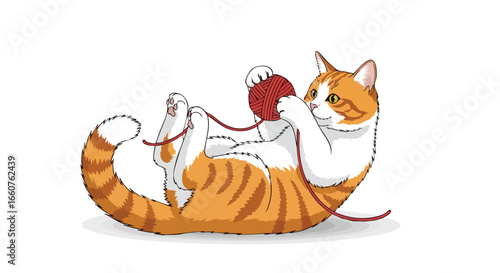 Ginger tabby cat playfully batting at a red yarn ball, its playful posture and engaging gaze capturing the essence of feline curiosity and amusement