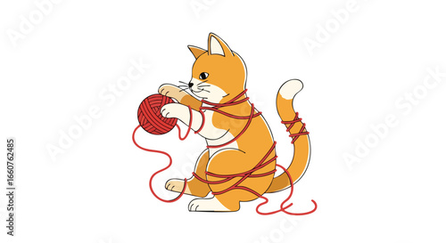 Cartoon cat tangled in red yarn playing with a ball, adorable feline chaos in a clean and playful artistic style against a simple white backdrop