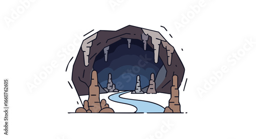Enchanting Cave Illustration: A Cartoonish Depiction of an Underground Grotto with Stalactites and Stalagmites, Bathed in Subdued Lighting