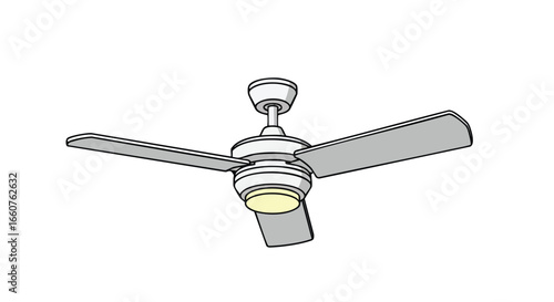 Minimalist rendition of a three-blade ceiling fan with integrated lighting fixture showcasing modern interior design principles