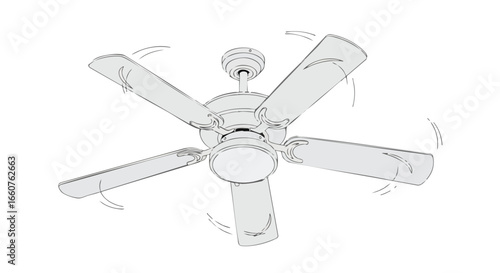 Stylized illustration of a rotating ceiling fan promoting airflow and cooling within a modern indoor space setting depicting air movement