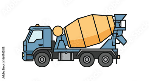 Stylized illustration of a cement mixing truck with vibrant blue and yellow tones,construction vehicle artwork conveying industrial theme