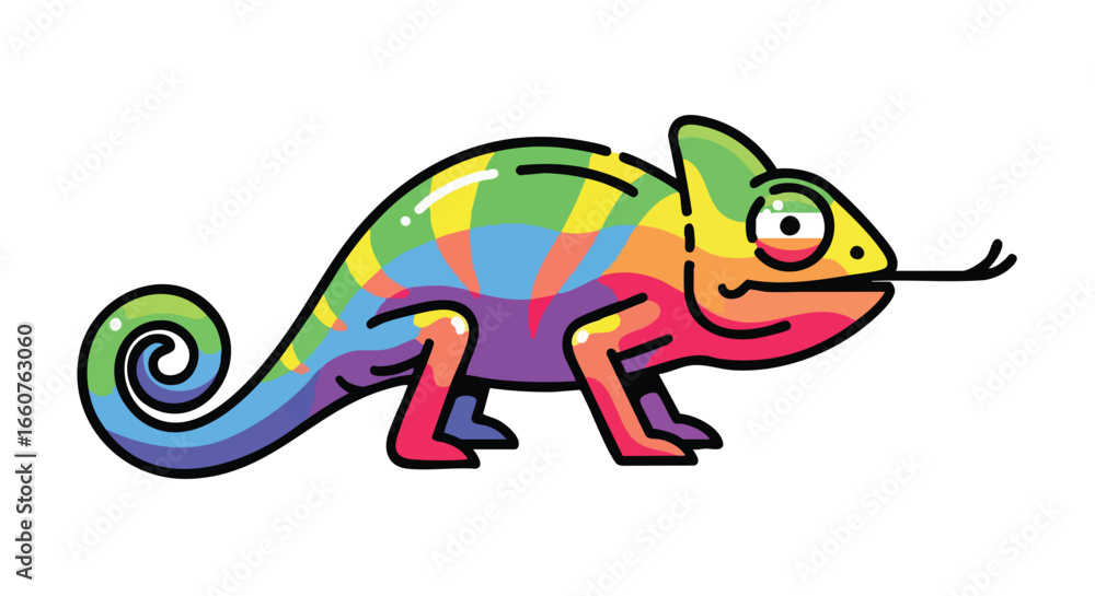 Fototapeta premium Vibrant Chameleon Cartoon Illustration with Playful Design and Bold Outline Against a Plain White Background