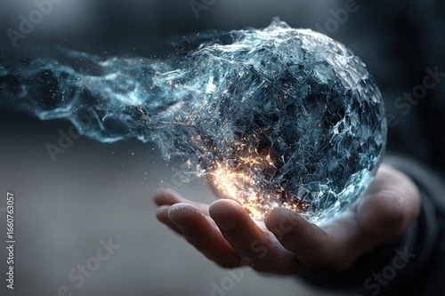 Translucent sphere in hand over dark background, symbolizing fragile hope