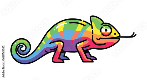Vibrant Chameleon Cartoon Illustration with Playful Design and Bold Outline Against a Plain White Background