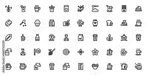 Tea icon set. Vector illustration. Includes green tea, tea cup, bubble tea, cookie, sugar, milk, lemon, kettle, herbal tea, jasmine and more. Editable stroke.