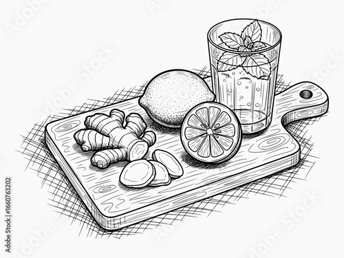 Vintage Line Art Still Life of Lemon, Ginger, and Herbal Drink – Detailed Healthy Food Illustration