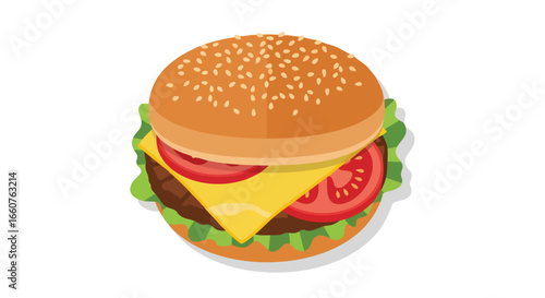 Delicious cartoon burger with sesame bun, lettuce, tomato and cheese illustration