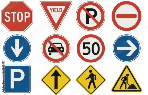 Traffic signs including stop, yield, parking, no entry, speed limit, and pedestrian signs displayed on transparent background. These symbols are essential for road safety and navigation Free Download Traffic signs including stop, yield, parking, no entry, speed limit, and pedestrian signs displayed on transparent background. These symbols are essential for road safety and navigation - GFXLoad