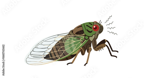 Illustrative depiction of a cicada insect, emphasizing its distinctive sound propagation and detailed anatomical representation with red eyes and