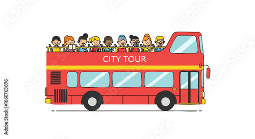 Cartoon illustration showcases a vibrant red double-decker bus with cheerful tourists exploring the city on a sunny adventure ride