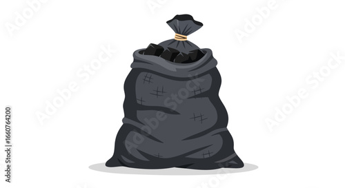 Stylized illustration of a full black sack tied at the top with dark contents visible and patches over a white backdrop