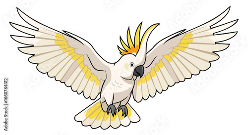 Vibrant depiction of a cartoon sulfur crested cockatoo soaring with outstretched wings against a pure white backdrop adding a touch of animated