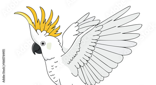 Cartoon illustration of a white cockatoo in flight with a golden crest against a plain backdrop creating a whimsical and lighthearted scene