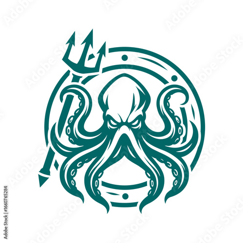 Majestic Logo Of A Teal Kraken Holding A Trident Inside A Porthole