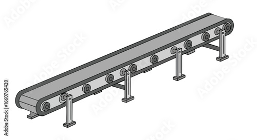 Isometric schematic representation of an empty automated conveyor belt system used in industrial processes and factory production lines