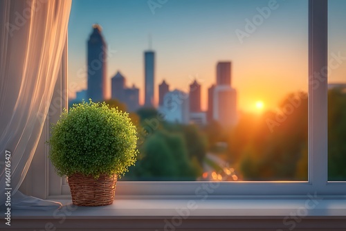 Serene Sunset City View Plant on Window Sill with Golden Hour Skyline.
