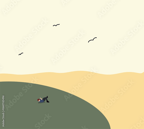 Man lay down on green yard mountain looking bird flying on the sky. Relaxation on holiday vacation.