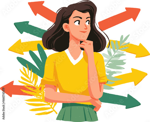 Young woman contemplating choices with colorful arrows pointing in various directions isolated on transparent background. Vector illustration.