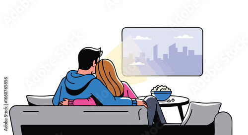 Cozy evening companionship: A couple embraces while watching a movie, creating a warm, relaxing atmosphere within the illustration of home