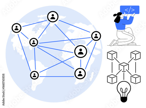 Network of user icons linked across the globe, blockchain structure, coding process, and bulb symbol. Ideal for innovation, connectivity, blockchain, coding, technology decentralization simple