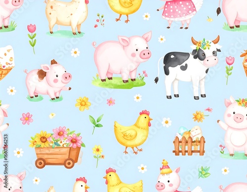 Cute farm animals pattern on light blue background