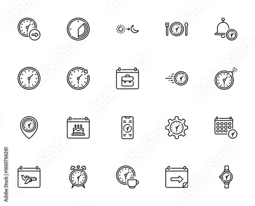 Time and Date icon set. Minimal vector icons. Includes symbols for clock, calendar, alarm, birthday, travel, smartphone, working hours and more. Editable stroke.