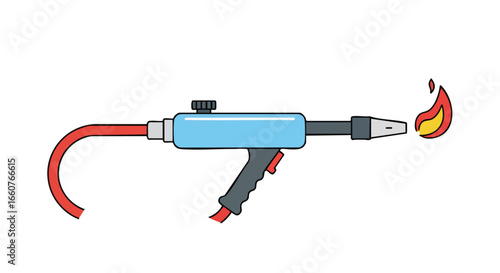 Illustrative Depiction of a Blowtorch Cartoon Tool with Ignited Flame on a White Backdrop featuring a Blue and Red Design with a Gray Handle