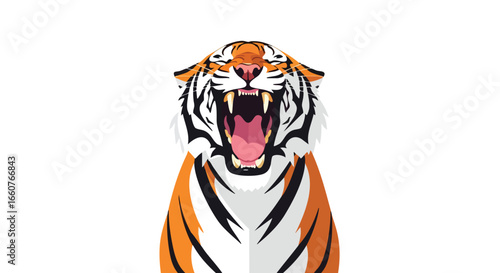Roaring tiger illustration with an open mouth showing teeth and orange and black stripes, creating a ferocious graphic image
