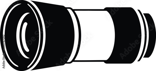 Black and white icon of a camera lens or optical instrument, often used for photography or observation.