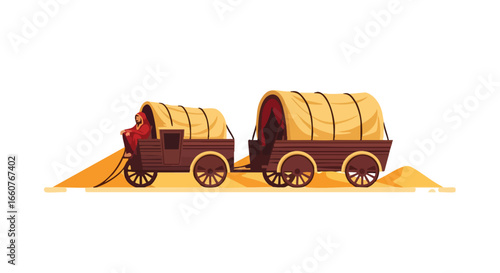 Nomadic Lifestyle Illustration: Covered Wagons Journeying Across Arid Lands with Driver and Towed Wagon for Long-Distance Travel