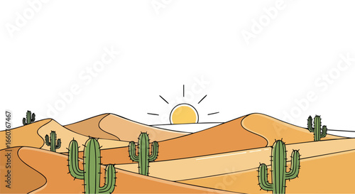 Illustrative desert landscape at sunrise featuring sand dunes and cacti silhouette graphic rendition evokes a sense of serene wilderness scenery