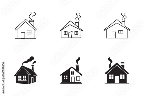 Collection of Simple House Icon Illustrations Representing Home Ownership and Residential Building Concepts with Smoke Coming from Chimneys