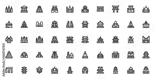 Temples icon set. Vector illustration pack featuring Salt lake temple, Parthenon, Temple of heaven, Mosque, Angkor wat, Pagoda, Shrine, and more religious landmarks.